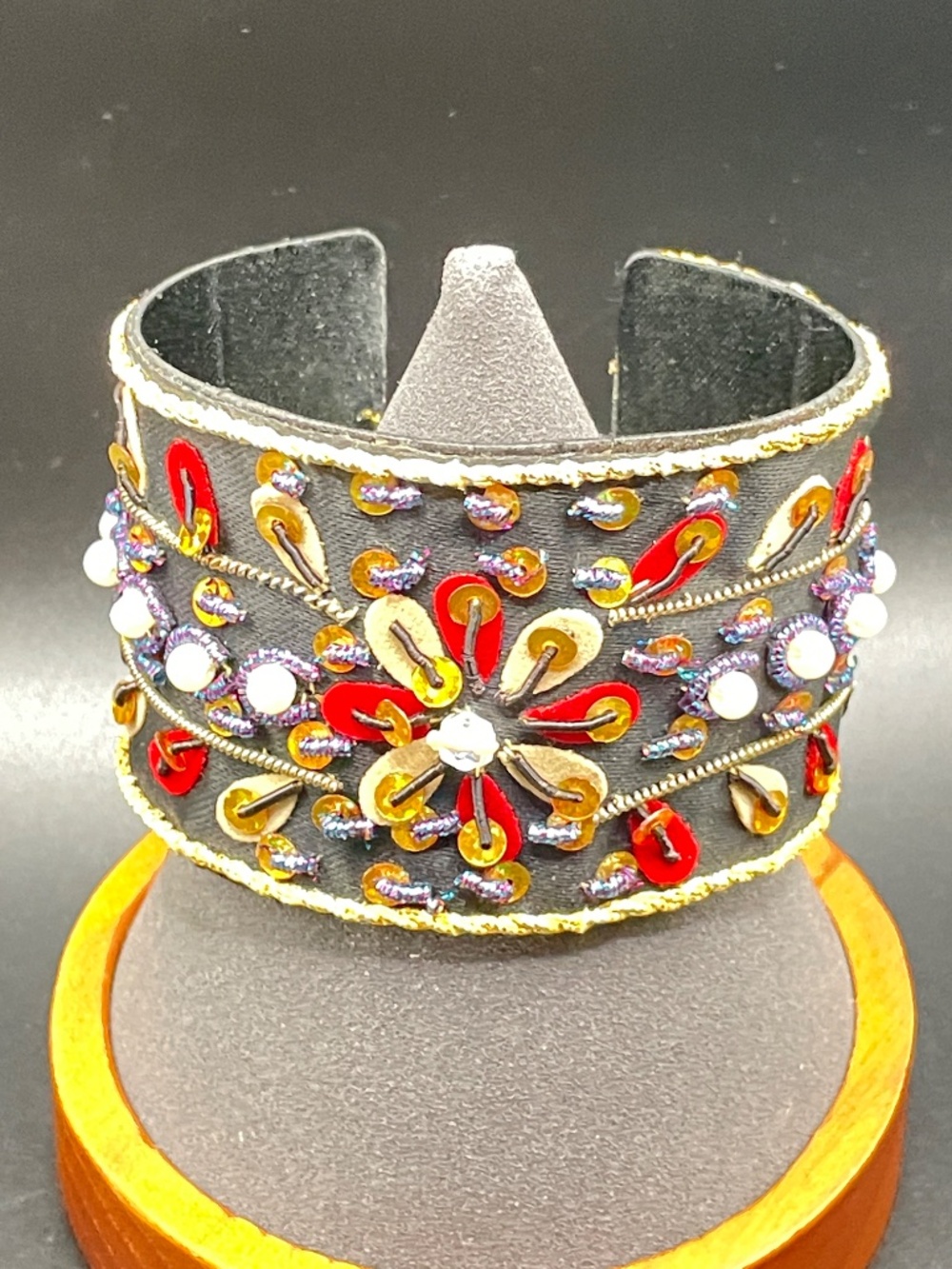 Contemporary Embellished Black Fabric Covered Wide Bangle Cuff Bracelet 7"